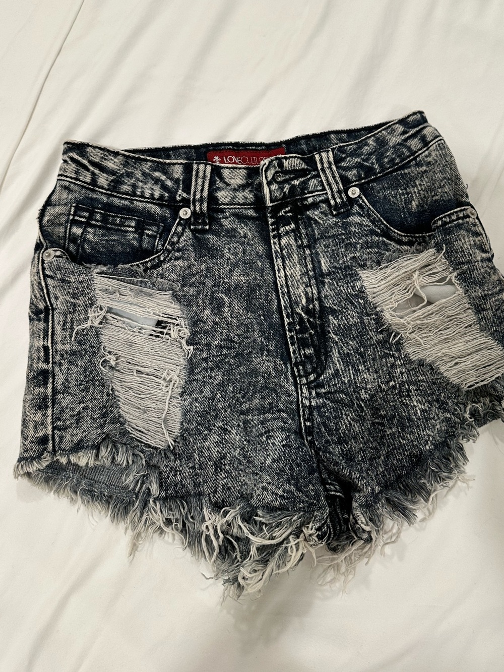 Ripped Acid Wash Denim Shorts - Black